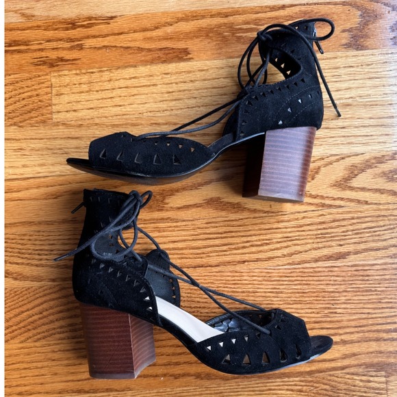 Nine West Womens Block Heel Sandals Sz 8.5 Black Suede Lace Up Peep Toe Work - Picture 1 of 8